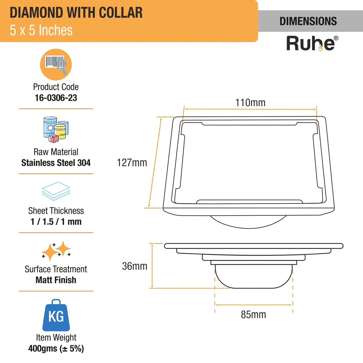 Diamond Floor Drain with Collar Square (5 x 5 Inches) with Cockroach Trap (304 Grade) dimensions and size