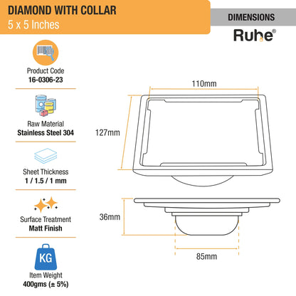 Diamond Floor Drain with Collar Square (5 x 5 Inches) with Cockroach Trap (304 Grade) dimensions and size