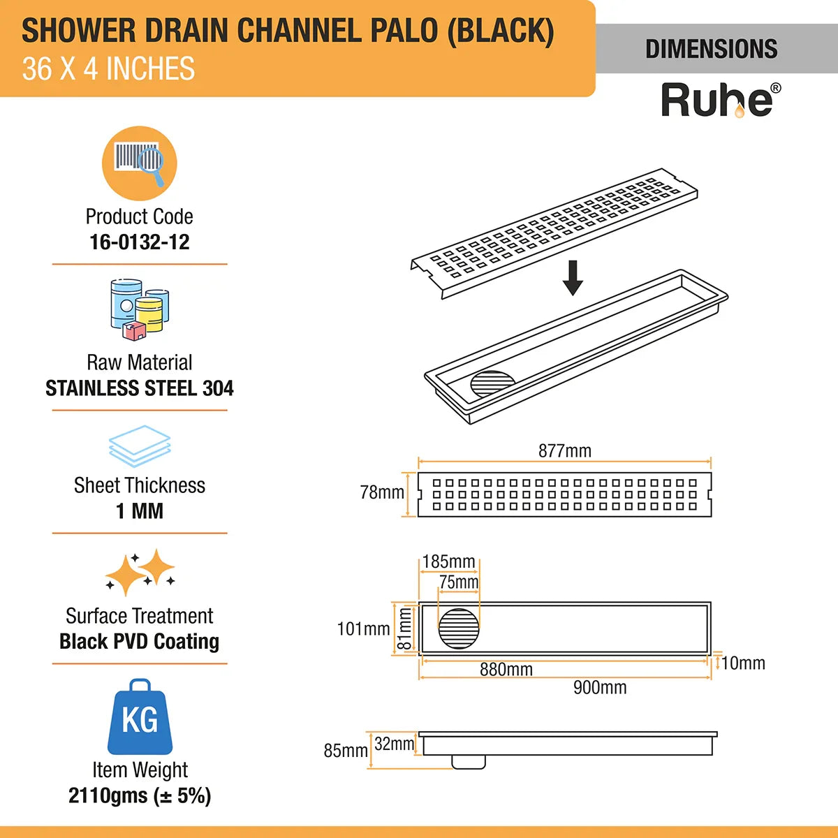 Palo Shower Drain Channel (36 x 4 Inches) Black PVD Coated dimensions and sizes
