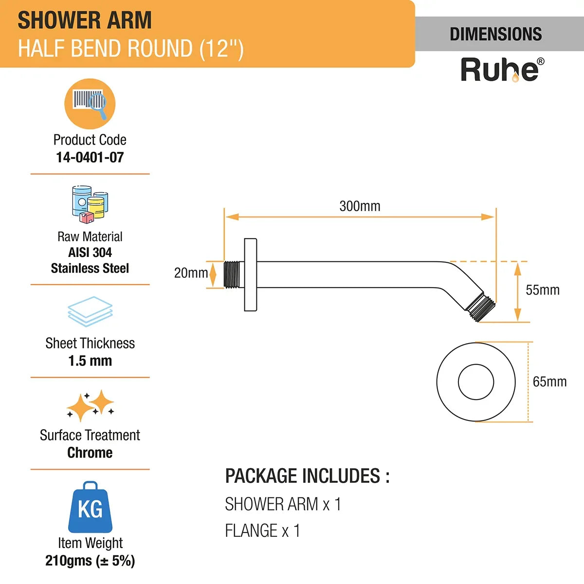 Round Half Bend Shower Arm