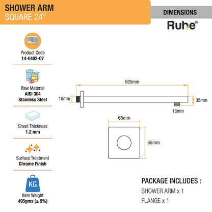 Square 304-Grade Shower Arm (24 Inches) with Flange dimensions and sizes