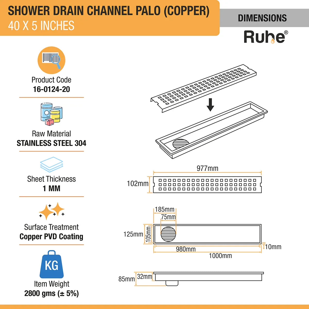 Palo Shower Drain Channel (40 x 5 Inches) Antique Copper PVD Coated - by Ruhe
