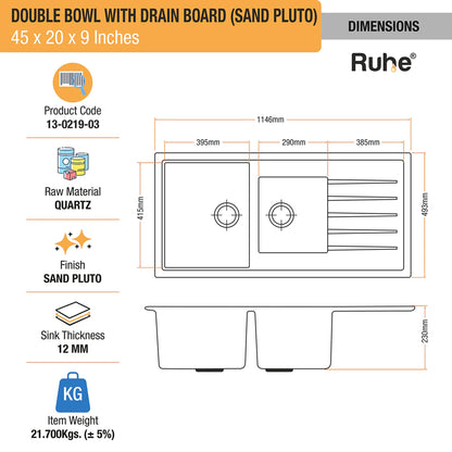 Quartz Double Bowl with Drainboard Kitchen Sink (45 x 20 x 9 inches)