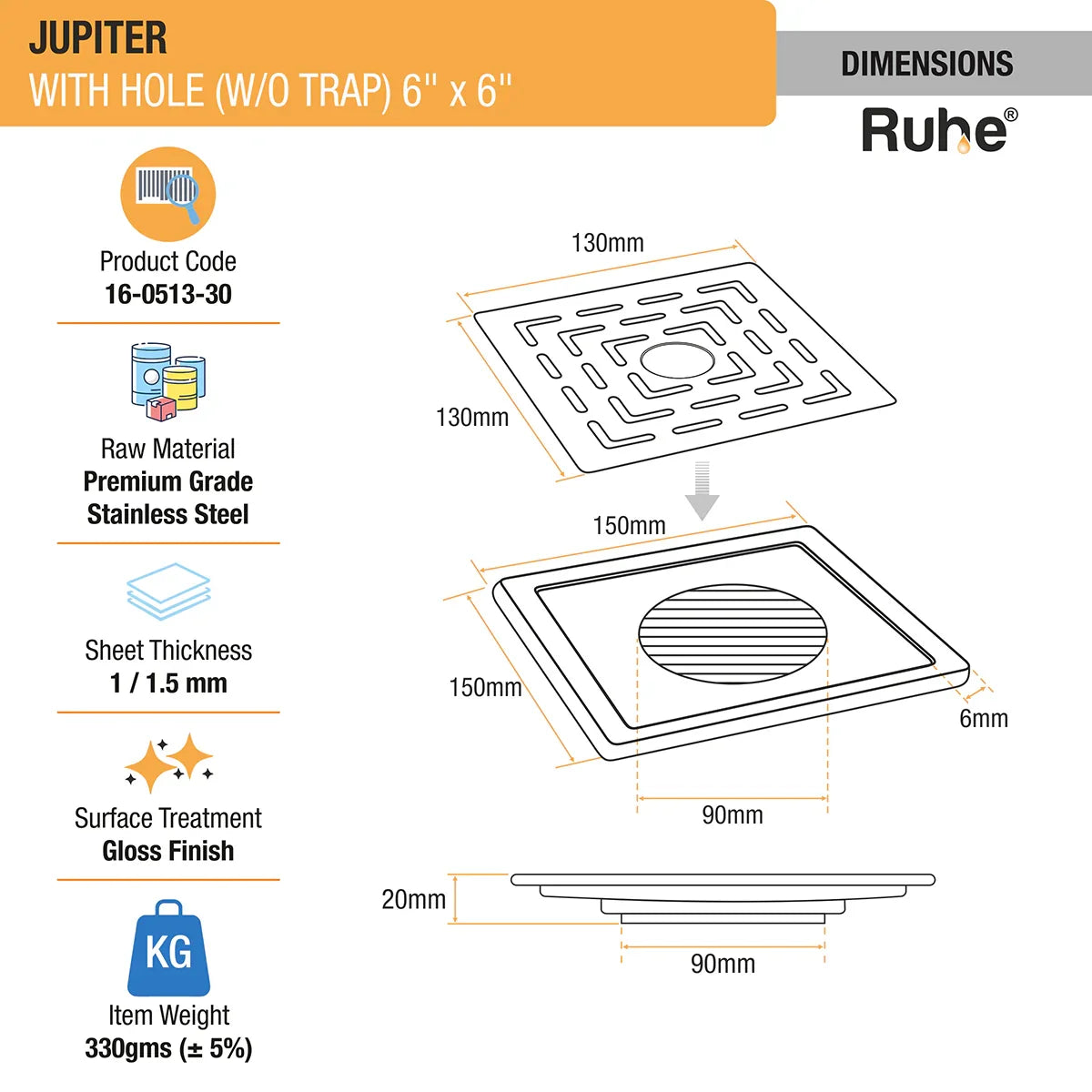 Jupiter Square Premium Floor Drain (6 x 6 Inches) with Hole - by Ruhe