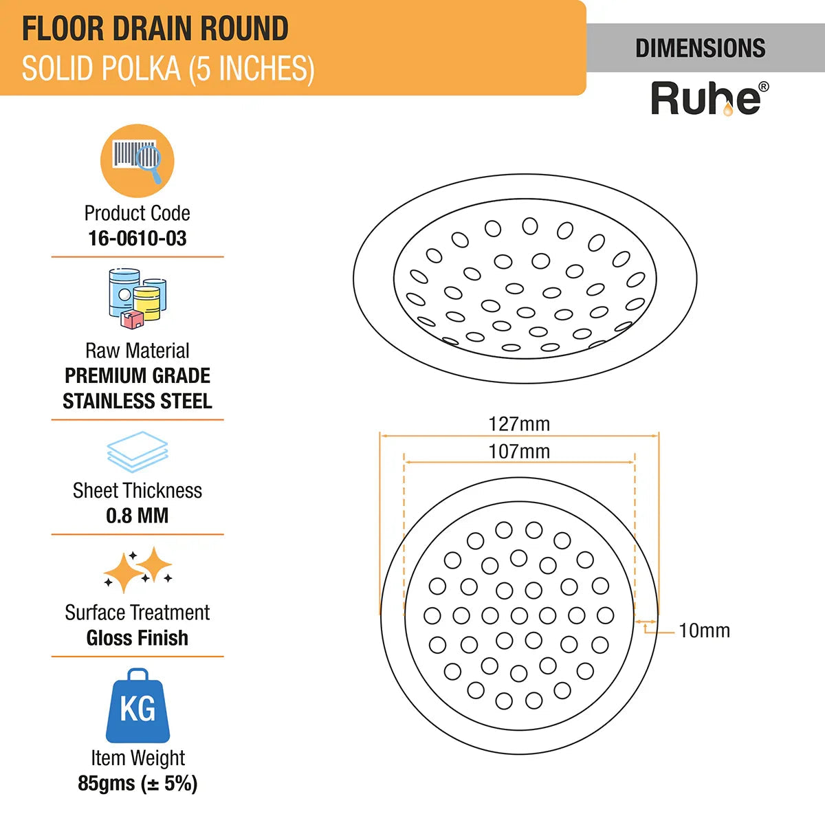 Solid Polka with Collar Round Floor Drain (5 inches) (Pack of 2)- by Ruhe