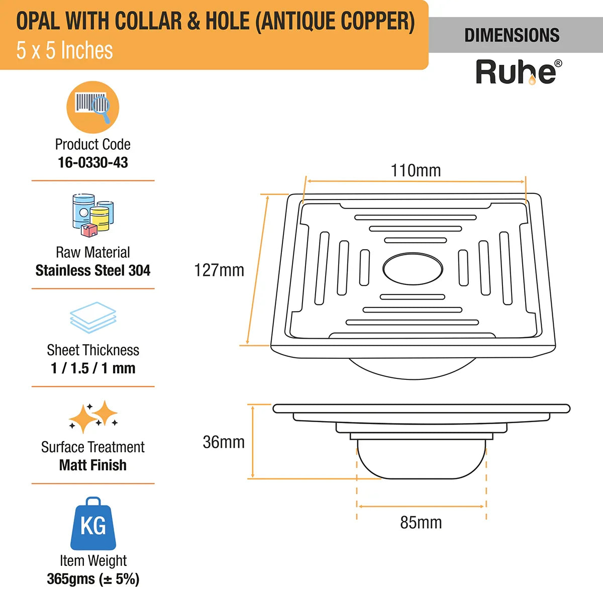 Opal Square Flat Cut Floor Drain in Antique Copper PVD Coating (5 x 5 Inches) with Hole - by Ruhe