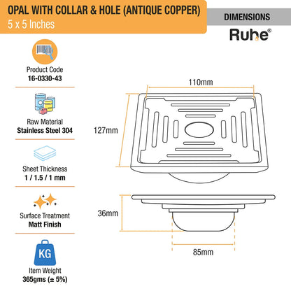 Opal Square Flat Cut Floor Drain in Antique Copper PVD Coating (5 x 5 Inches) with Hole - by Ruhe