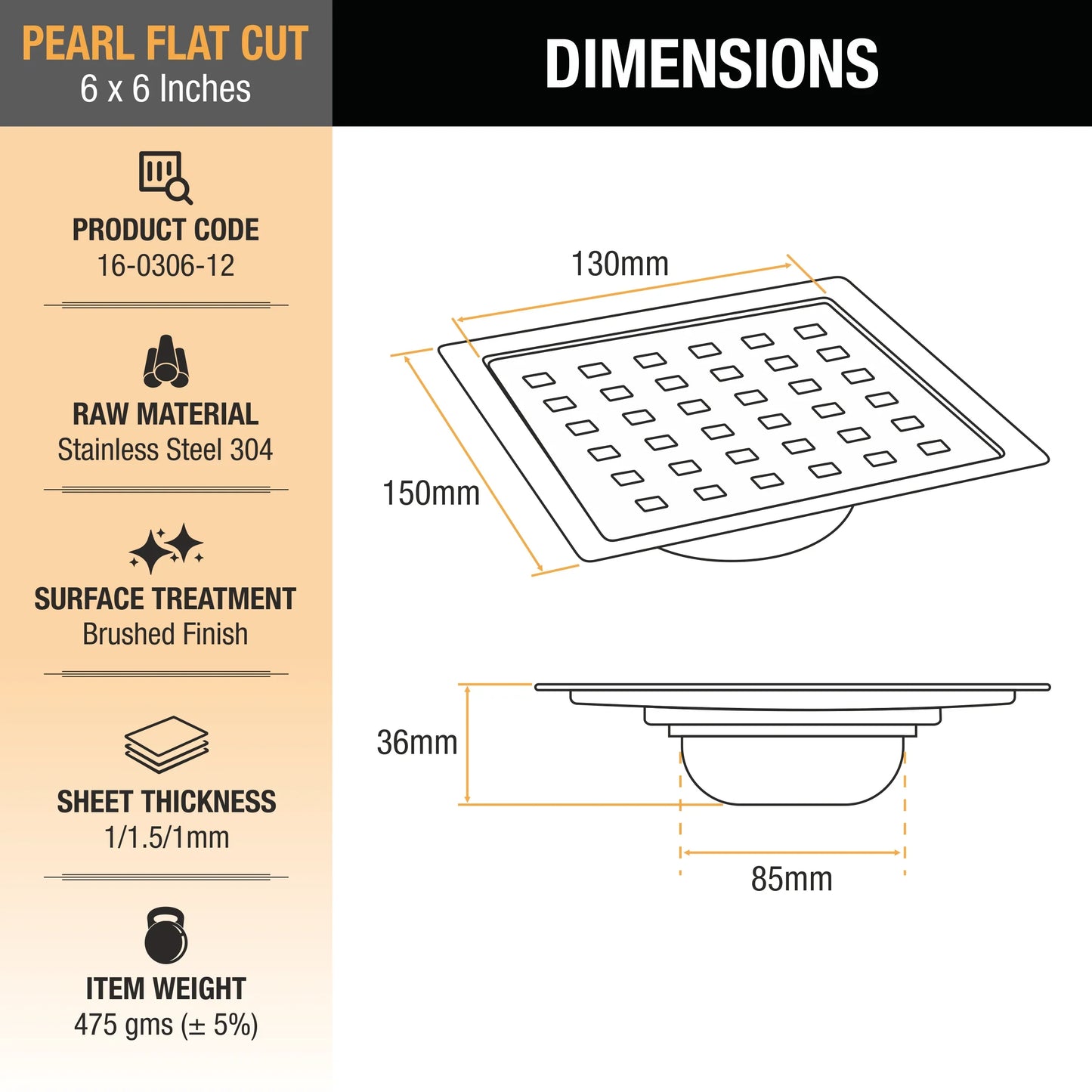 Pearl Square Flat Cut Floor Drain
