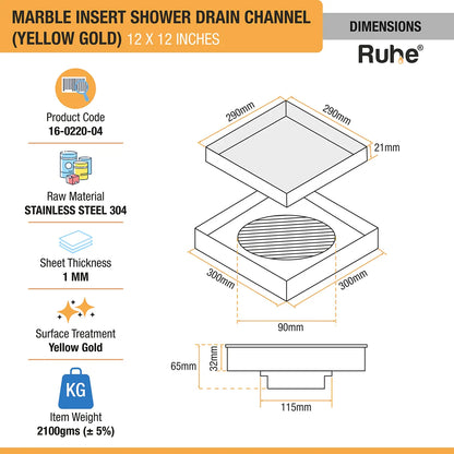 Marble-Insert Shower Drain Channel (12 x 12 Inches)
