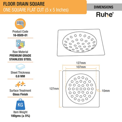 One Square Flat Cut Floor Drain (5 x 5 inches) dimensions and size