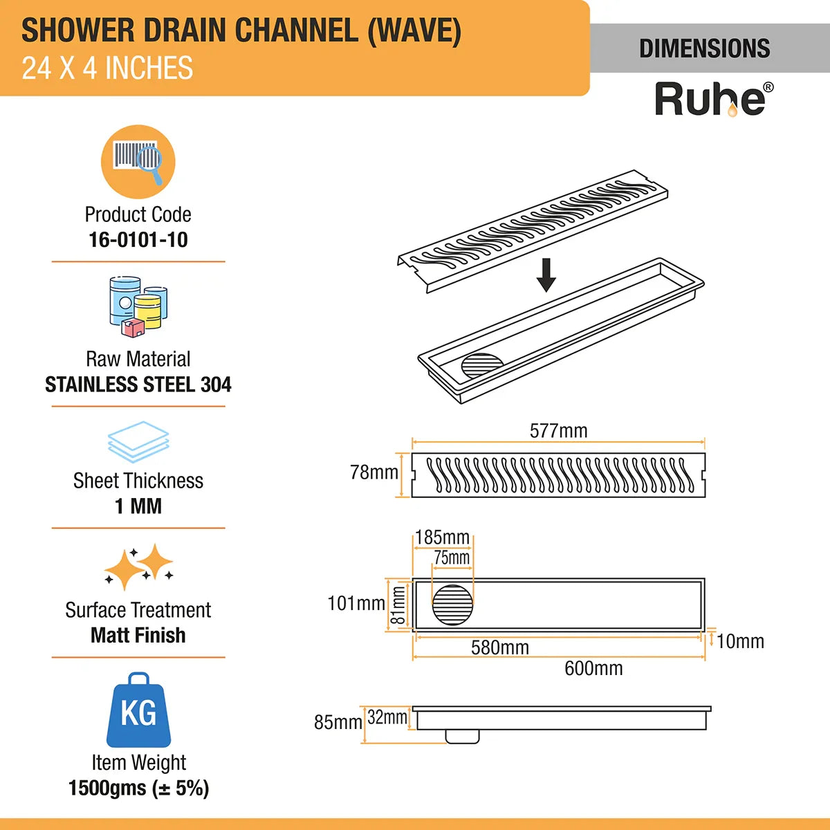 Wave Shower Drain Channel (4 Inches)