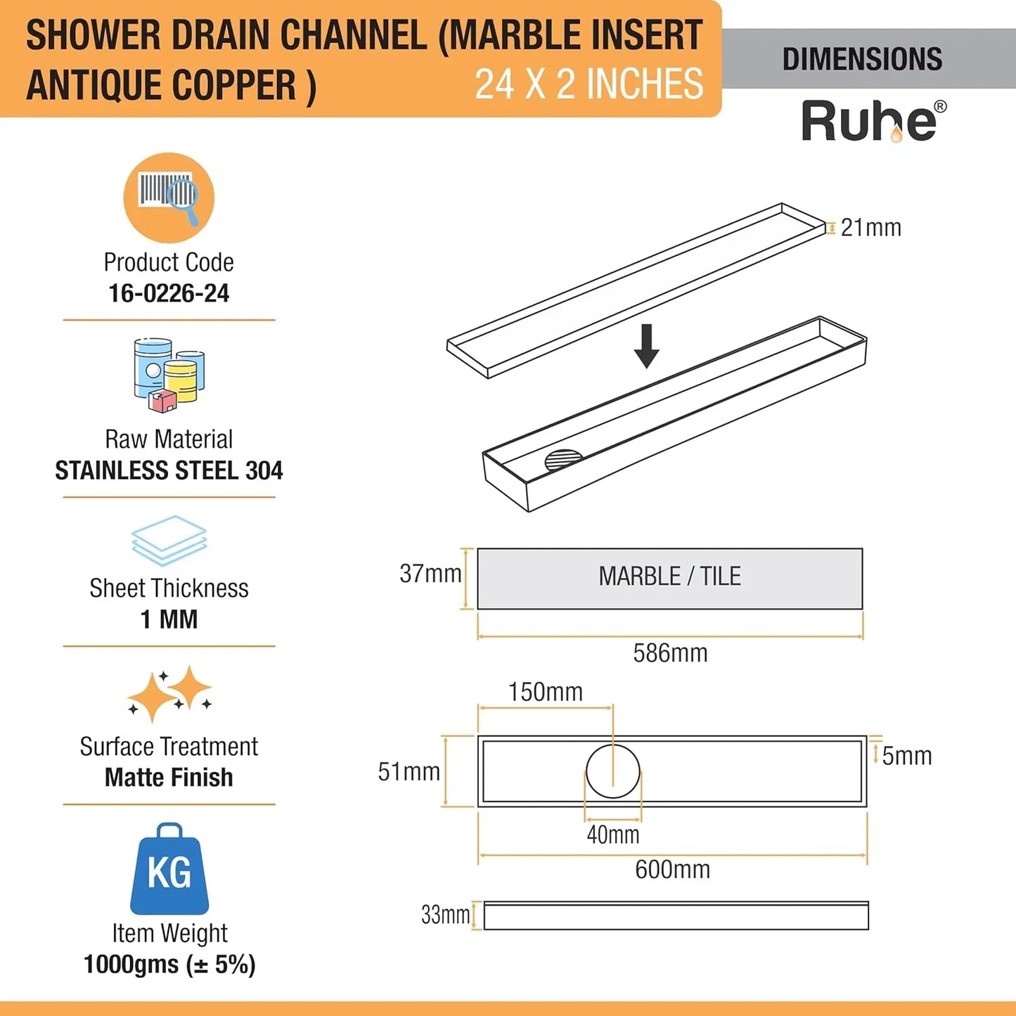 Marble-Insert Shower Drain Channel Coloured (2 Inches)