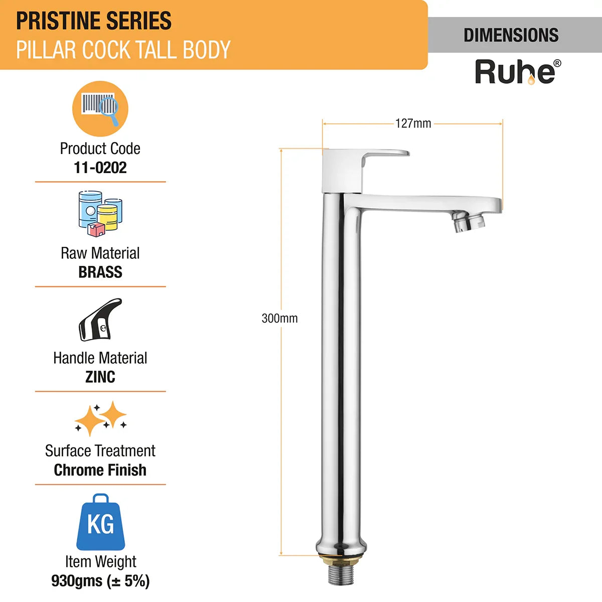 Pristine Pillar Tap Tall Body Brass Faucet dimensions and size