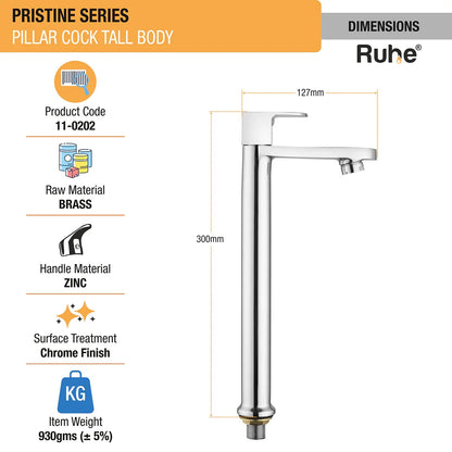 Pristine Pillar Tap Tall Body Brass Faucet dimensions and size