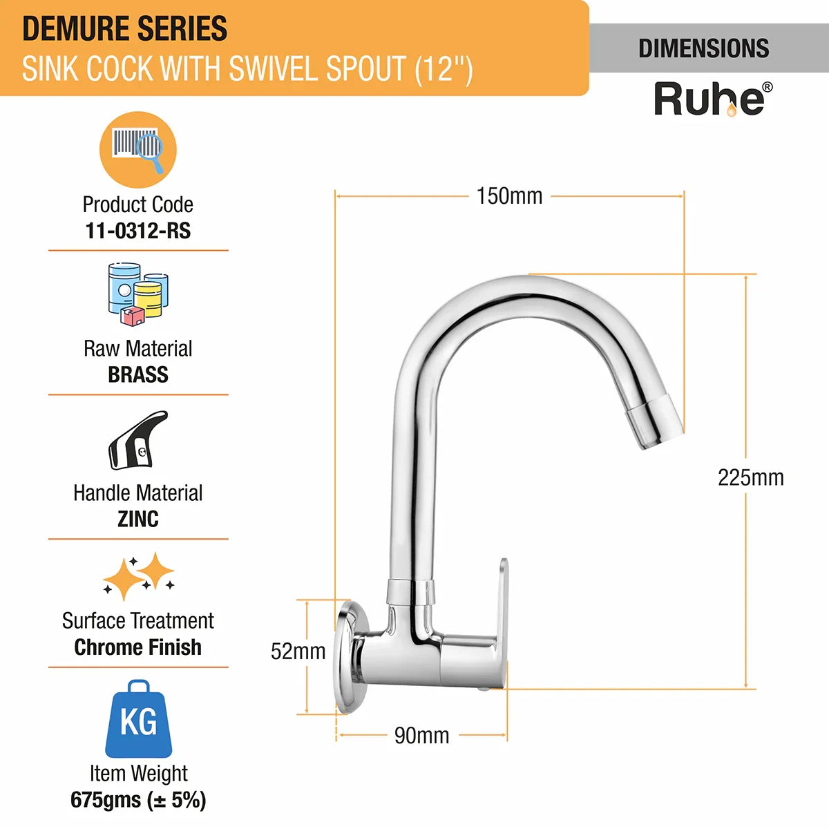 Demure Wall Mount Kitchen Sink Tap with Swivel Spout