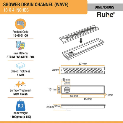 Wave Shower Drain Channel (4 Inches)