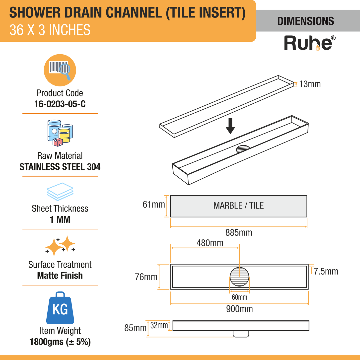 Tile-Insert Shower Drain Channel Coloured (3 Inches)
