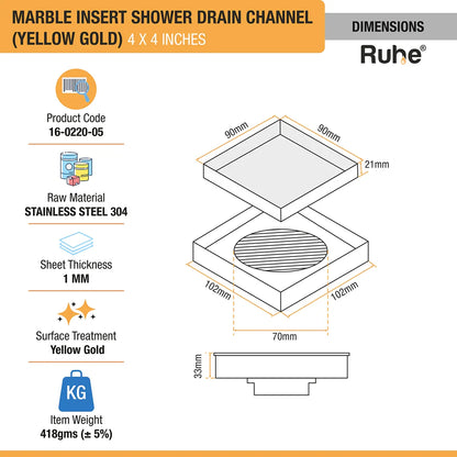 Marble-Insert Shower Drain Channel (4 x 4 Inches)