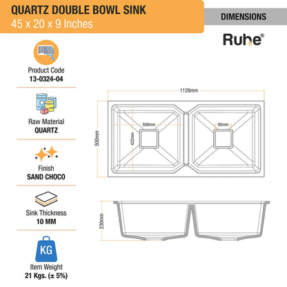 Quartz Double Bowl Kitchen Sink (45 x 20 x 9 inches)
