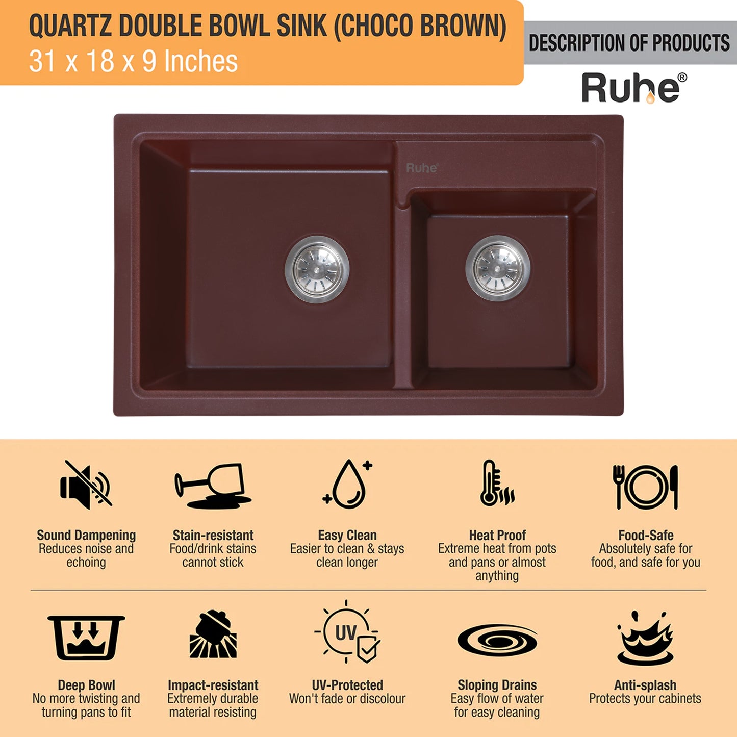 Quartz Double Bowl Kitchen Sink (31 x 18 x 9 Inches)