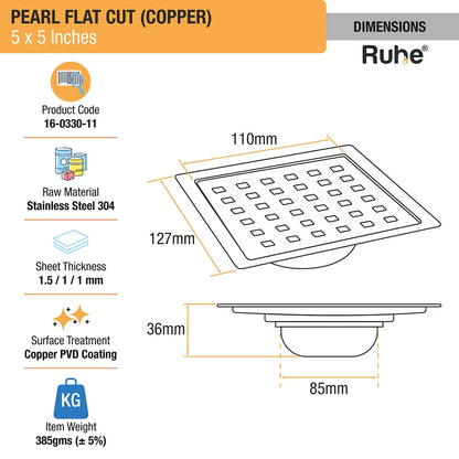 Pearl Square Flat Cut Floor Drain in Antique Copper PVD Coating (5 x 5 Inches) dimensions and size