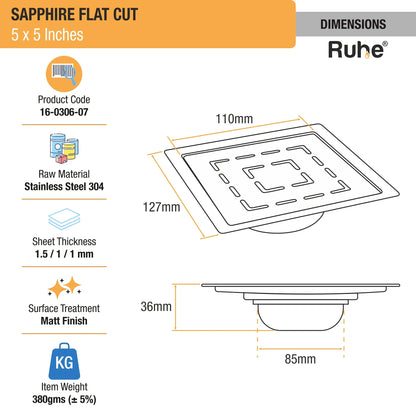 Sapphire Floor Drain Square Flat Cut (5 x 5 Inches) with Cockroach Trap (304 Grade) dimensions and size