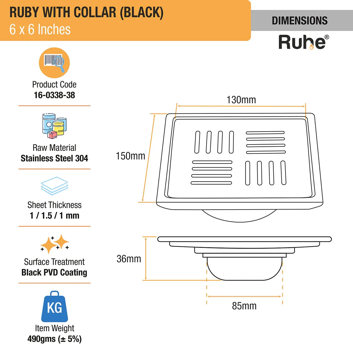 Ruby Square 304-Grade Floor Drain in Black PVD Coating (6 x 6 Inches) dimensions and sizes