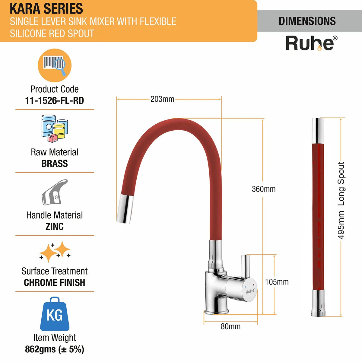 Kara Single Lever Sink Mixer Faucet with Silicone Red Flexible Spout dimensions and sizes