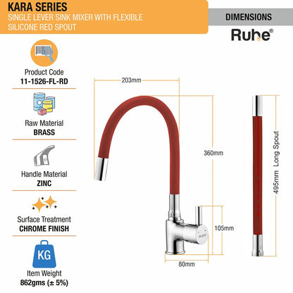 Kara Single Lever Sink Mixer Faucet with Silicone Red Flexible Spout dimensions and sizes