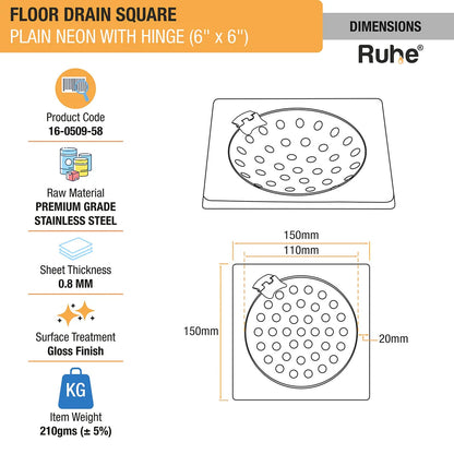 Plain Neon Square Floor Drain (6 x 6 inches) with Hinged Grating Top dimensions and size