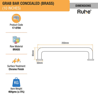 Brass Grab Bar Concealed (10 inches) dimensions and sizes