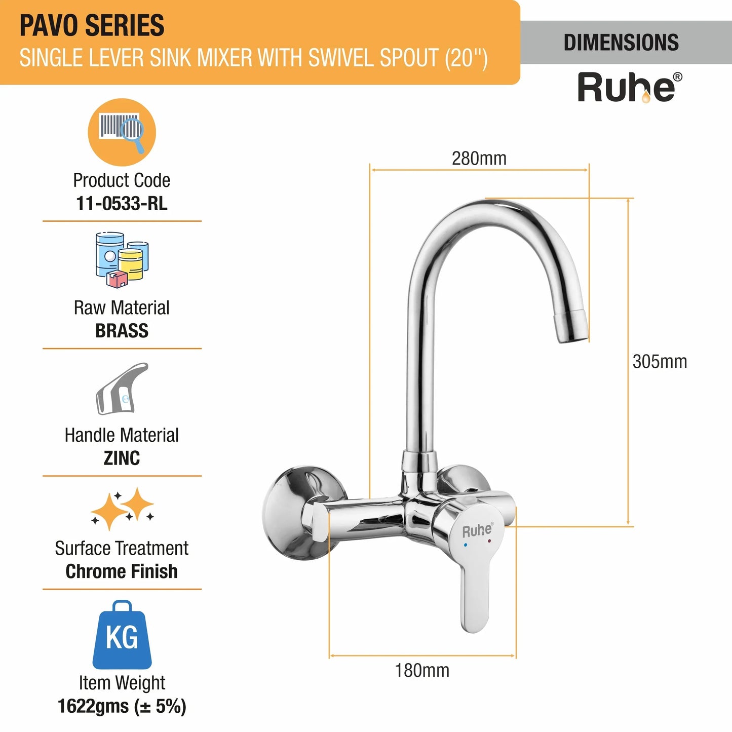 Pavo Single Lever Wall-mount Kitchen Sink Mixer Tap with Swivel Spout