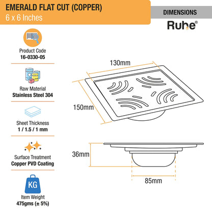 Emerald Square Flat Cut Floor Drain in Antique Copper PVD Coating (6 x 6 Inches) dimensions and size