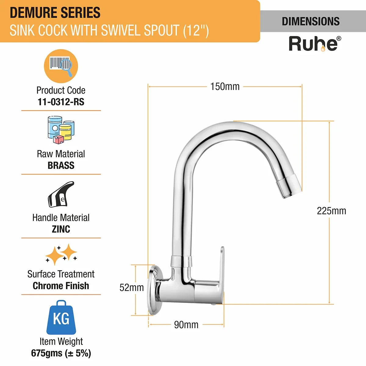 Demure Wall Mount Kitchen Sink Tap with Swivel Spout
