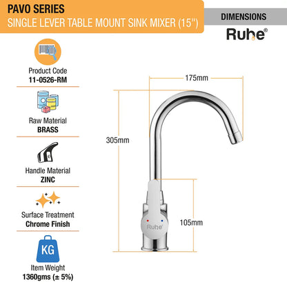 Pavo Single Lever Table-Mount Sink Mixer with Medium (15 Inches) Round Swivel Spout Brass Faucet dimensions and sizes