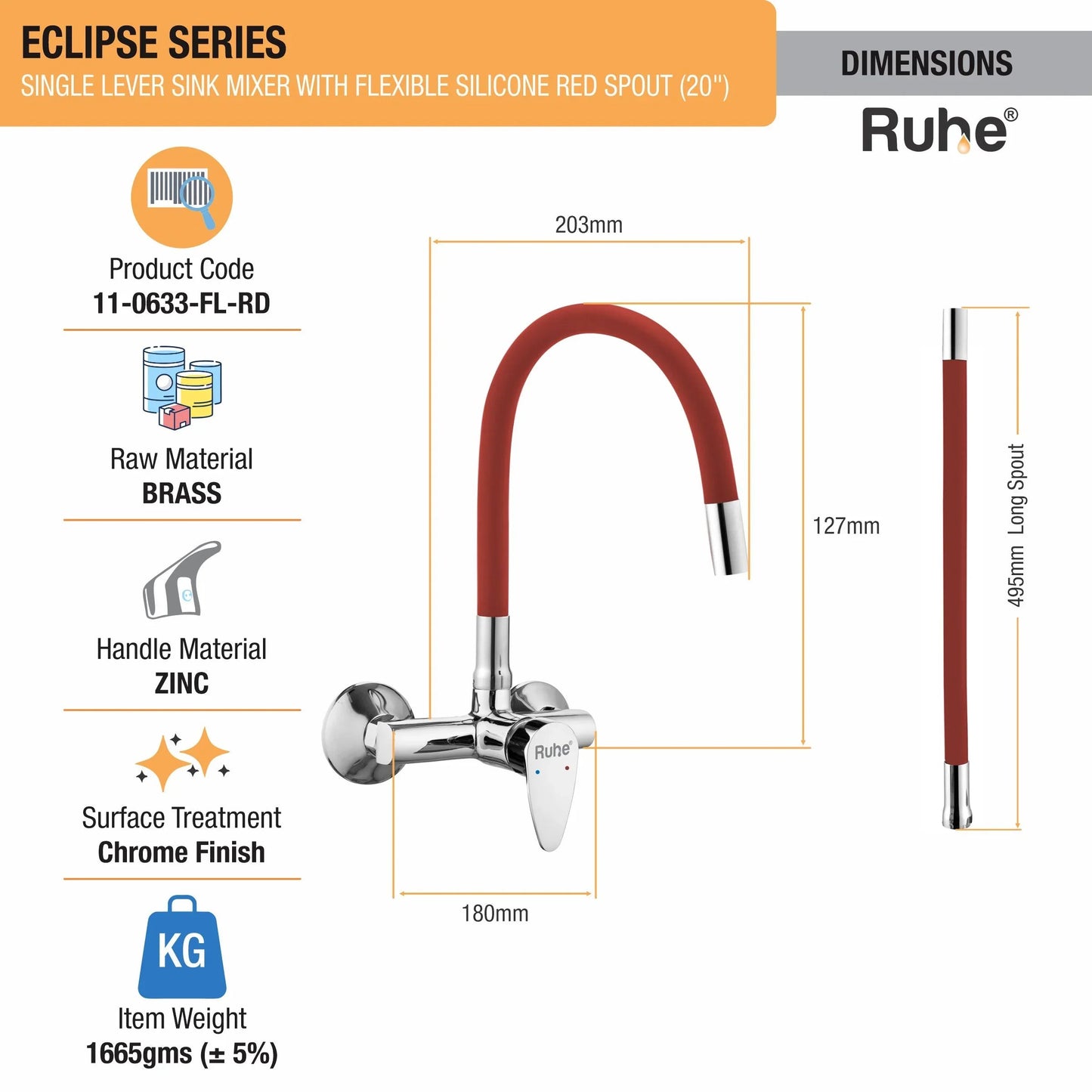 Eclipse Single Lever Wall-mount Kitchen Sink Mixer Tap with Red Silicone Spout - by Ruhe