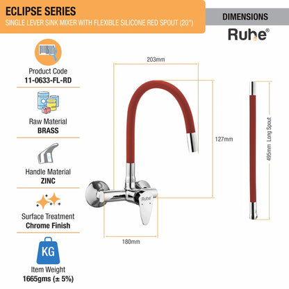 Eclipse Single Lever Wall-mount Kitchen Sink Mixer Tap with Red Silicone Spout - by Ruhe