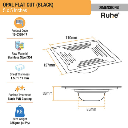 Opal Square Flat Cut Floor Drain in Black PVD Coating (5 x 5 Inches) - by Ruhe