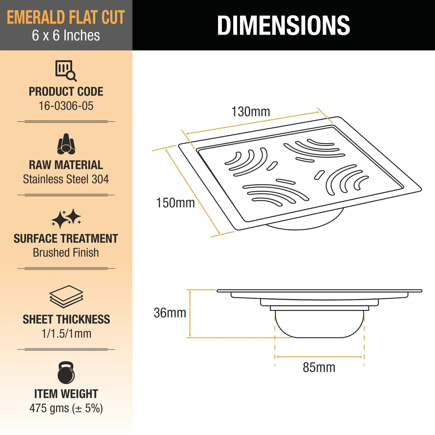 Emerald Square Flat Cut Floor Drain