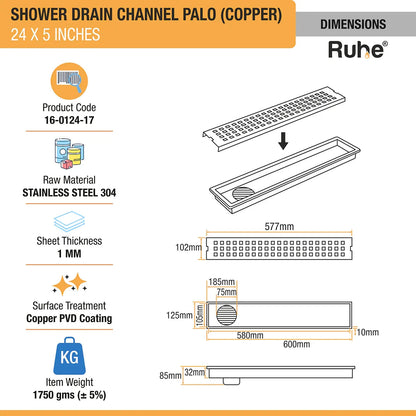 Palo Shower Drain Channel (24 x 5 Inches) Antique Copper PVD Coated - by Ruhe