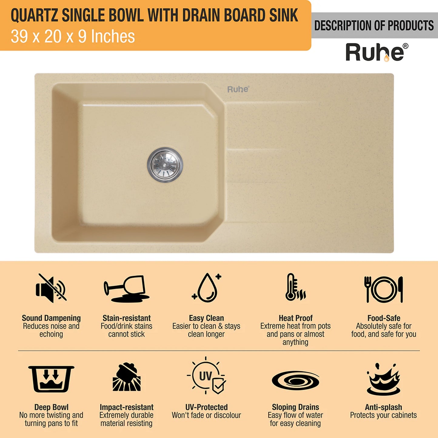 Quartz Single Bowl with Drainboard Kitchen Sink (39 x 20 x 9 Inches)