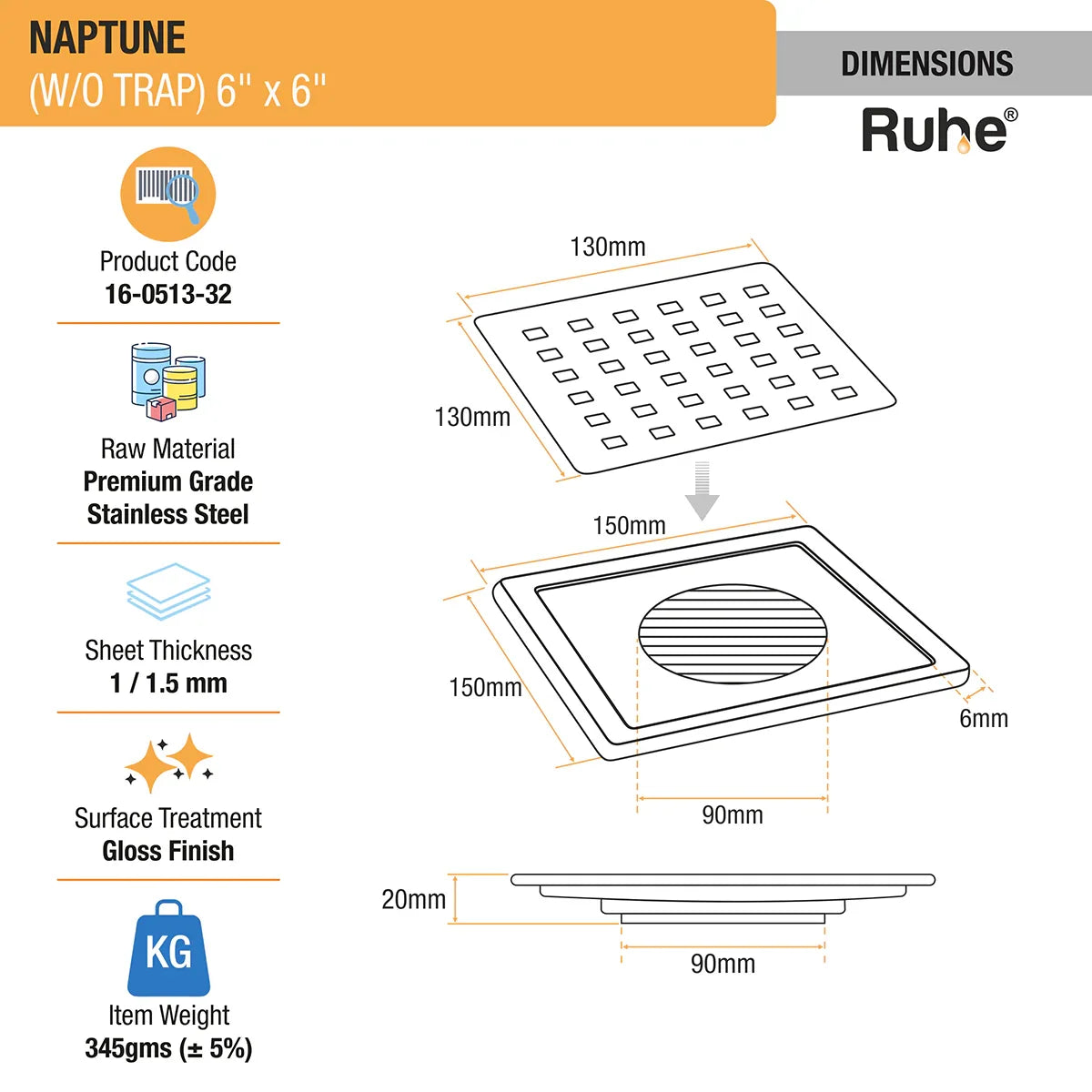 Naptune Square Floor Drain (6 x 6 Inches) - by Ruhe