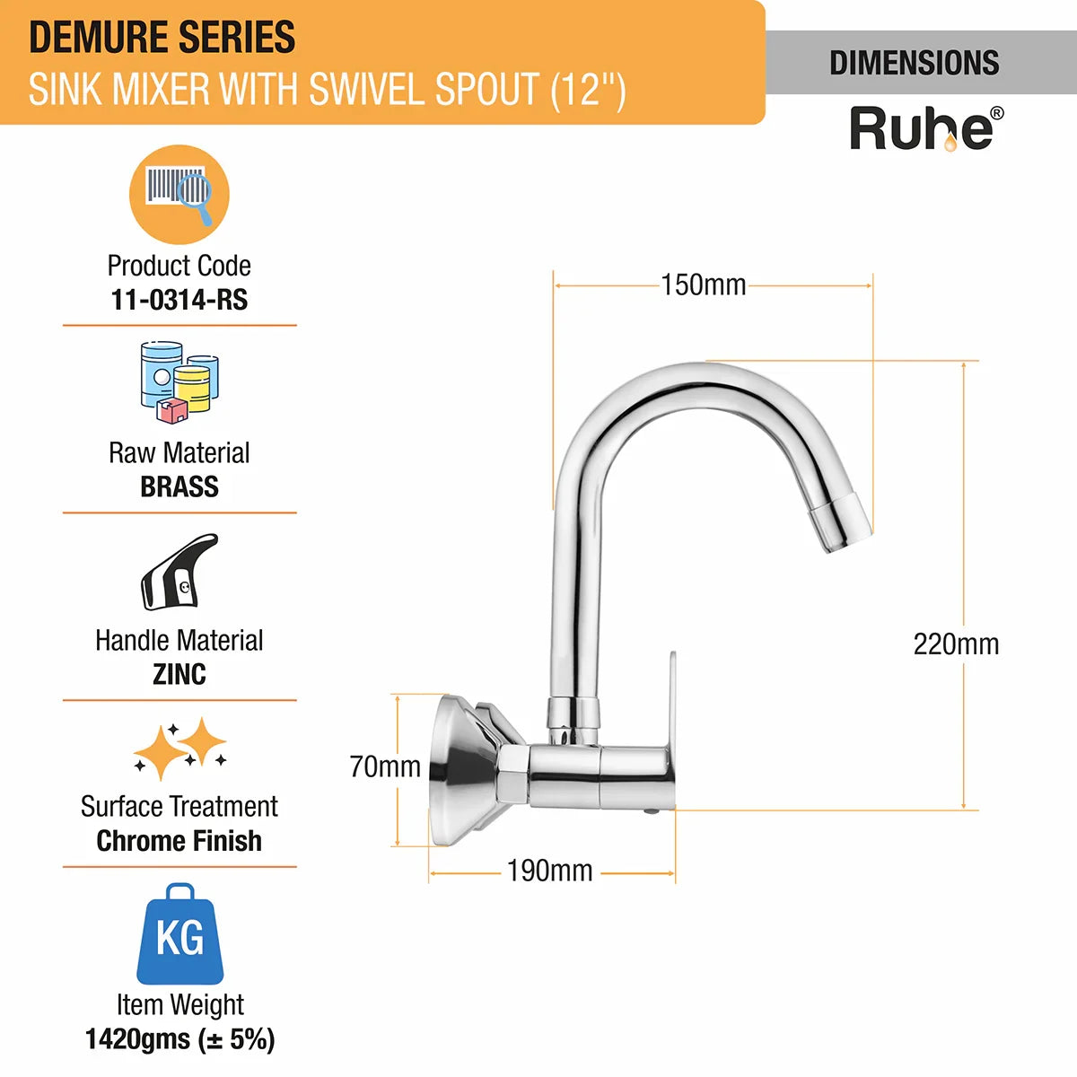 Demure Sink Mixer Brass Faucet with Small (12 inches) Round Swivel Spout - by Ruhe