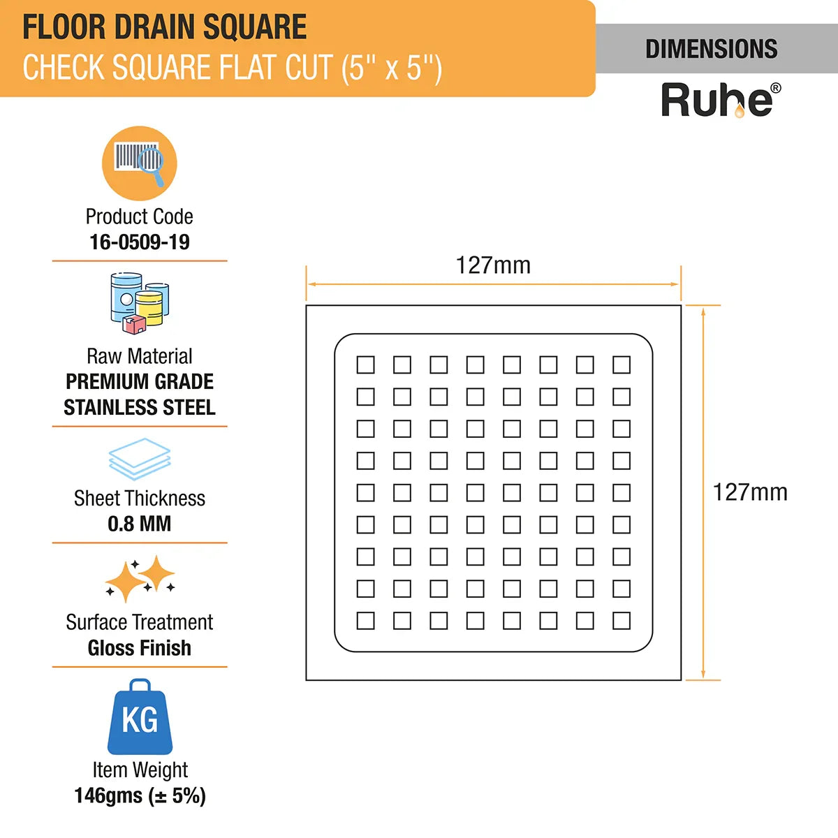 Check Floor Drain Square Flat Cut (5 x 5 Inches) dimensions and size
