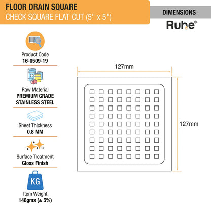 Check Floor Drain Square Flat Cut (5 x 5 Inches) dimensions and size