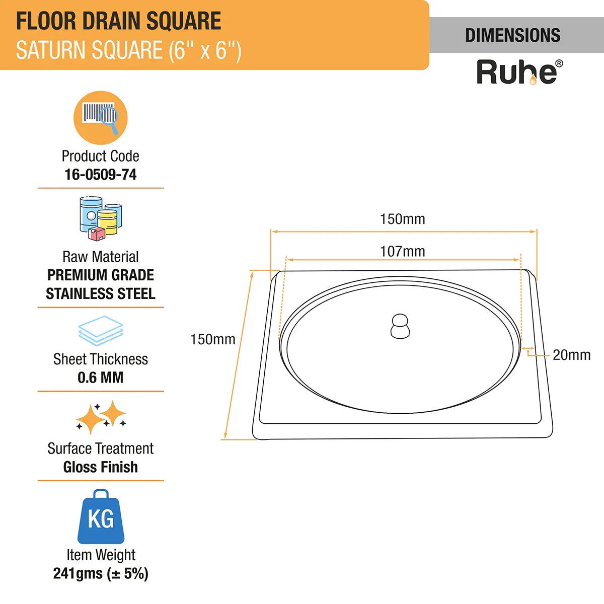 Saturn Square Floor Drain (6 x 6 Inches) with Lid dimensions and size