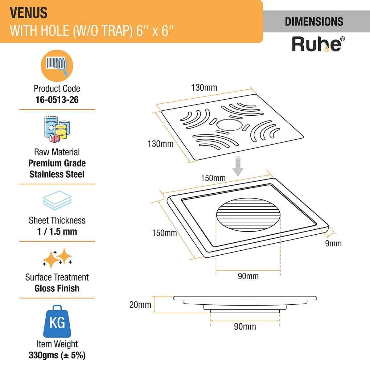 Venus Square Premium Floor Drain (6 x 6 Inches) with Hole - by Ruhe