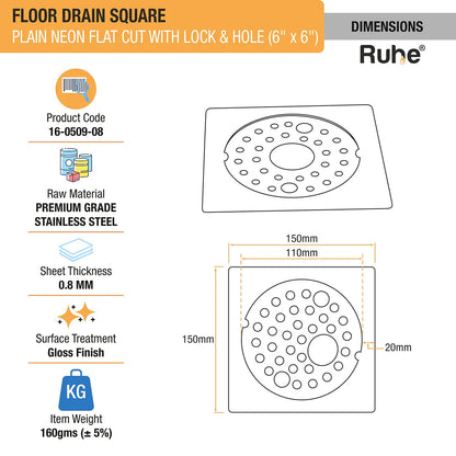 Plain Neon Square Flat Cut Floor Drain (6 x 6 inches) with Lock and Hole dimensions and size