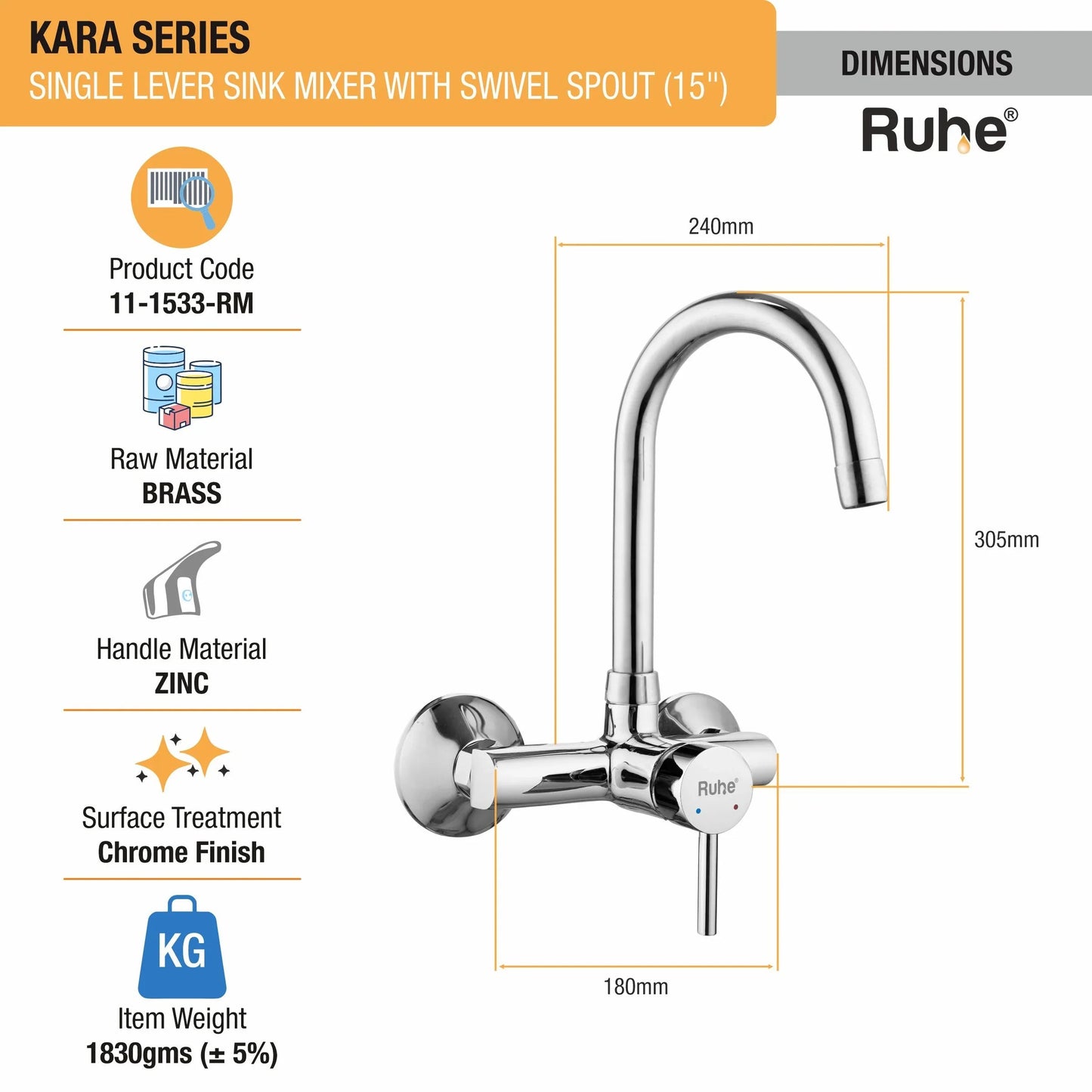 Kara Single Lever Wall-mount Kitchen Sink Mixer Tap with Medium Swivel Spout (15") - by Ruhe
