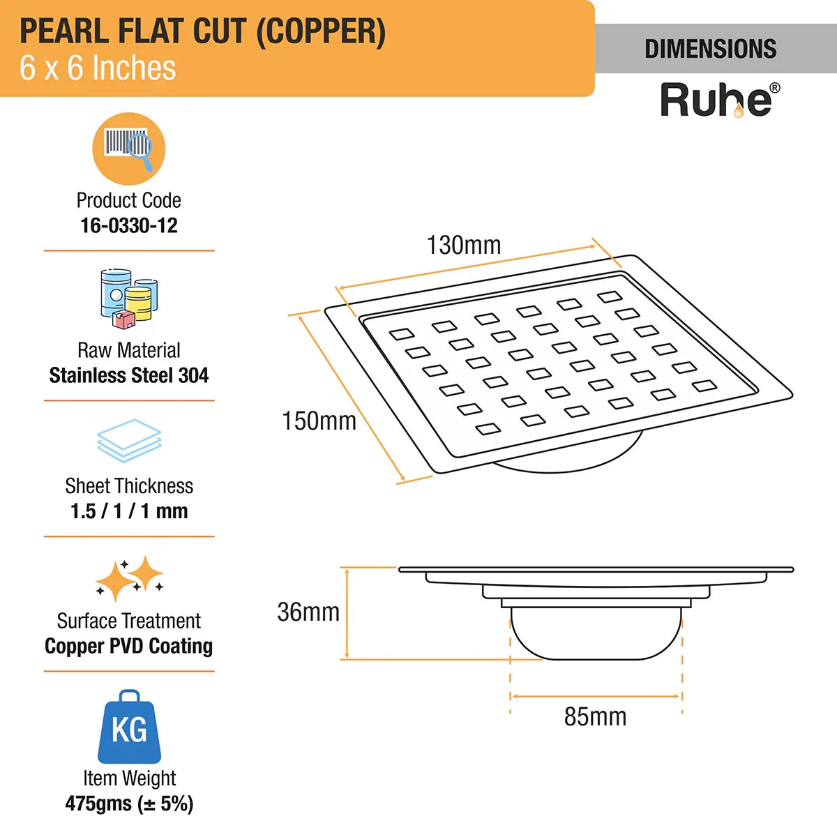 Pearl Square Flat Cut Floor Drain in Antique Copper PVD Coating (6 x 6 Inches) dimensions and size